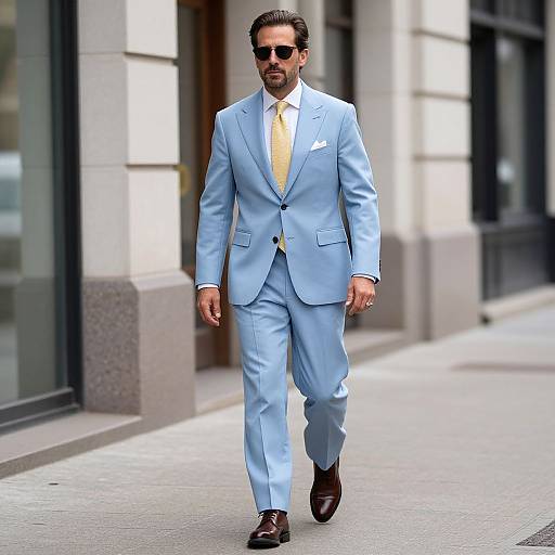 Photograph of a stylish, bearded man in a light blue suit, yellow tie, and black shoes, walking confidently on a city sidewalk, wearing
