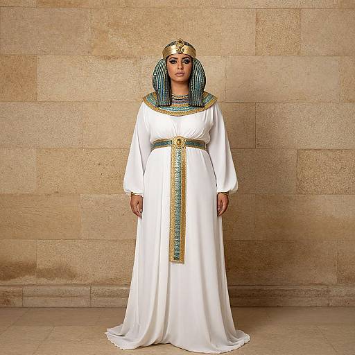 Photograph of a woman in an Egyptian-style white gown with gold and turquoise trim, striped blue and green headdress, standing against a beige stone wall