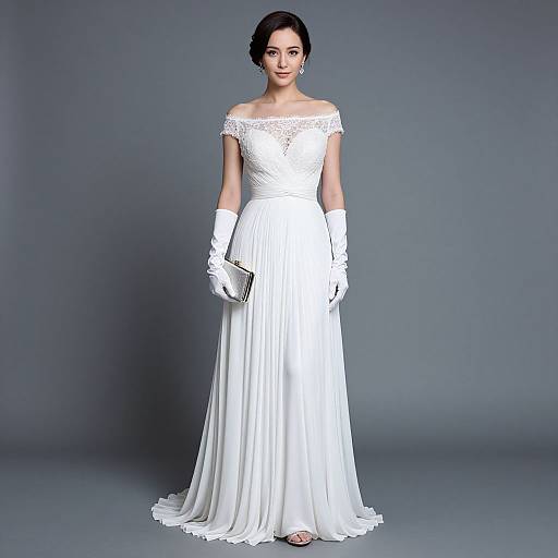 Photograph of an Asian woman in a white off-shoulder lace wedding gown, white gloves, and clutch, standing against a gray background.