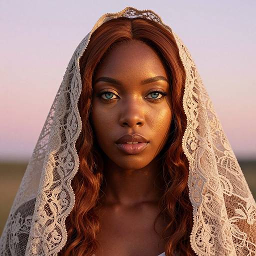 Photograph of a beautiful black woman with long, wavy auburn hair, wearing a white lace veil, blue eyes, and a serene expression