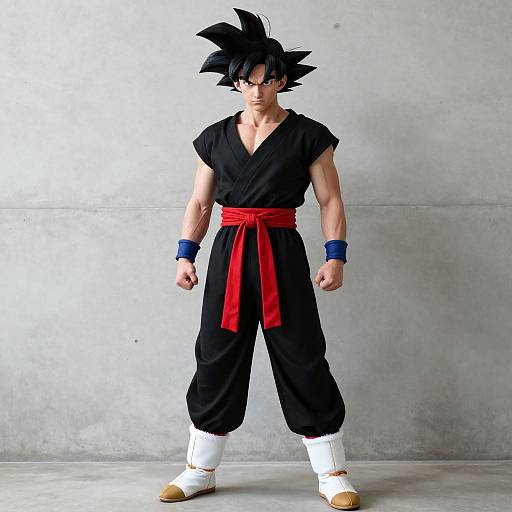 Digital CGI of muscular, black-haired anime character Son Goku from Dragon Ball, wearing black gi, red sash, white socks, and blue wristbands