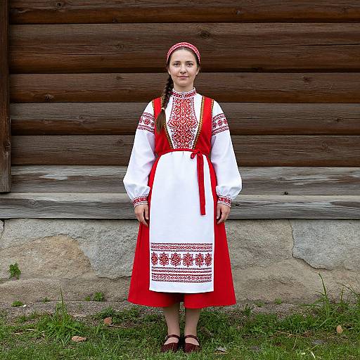 Photograph of a young woman with fair skin, dark braided hair, wearing a red and white traditional Eastern European dress, standing in front of a