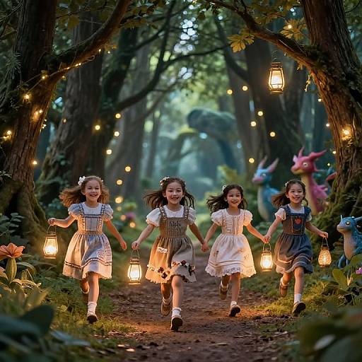 Girls Running Through Magical Forest