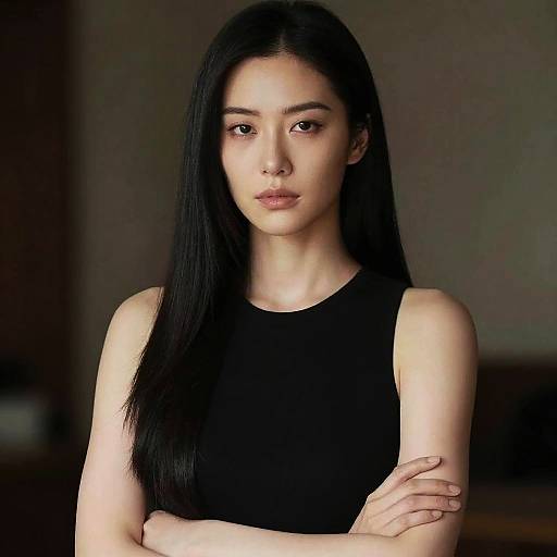 Photograph of an Asian woman with long black hair, wearing a black sleeveless top, arms crossed, serious expression, soft lighting, blurred dark background