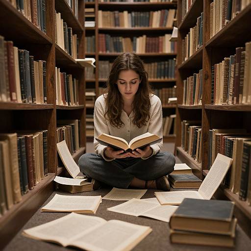 Photograph of a young woman with long brown hair, wearing a white blouse and blue jeans, sitting cross-legged in a library aisle, reading a book