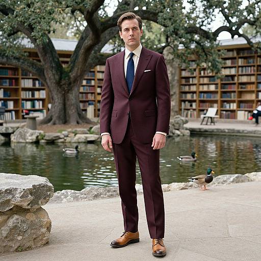 Photograph of a handsome man with short brown hair, wearing a dark maroon suit, white shirt, navy tie, and brown shoes, standing by