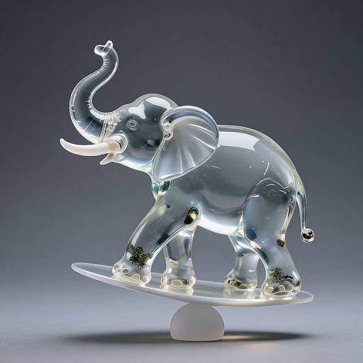 Translucent glass elephant statue with raised trunk, standing on a white circular base, illuminated from within, against a gradient blue background.