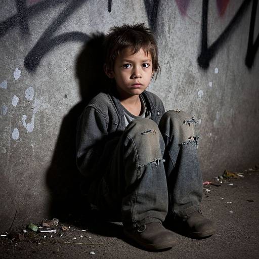 Photograph of a young boy with messy brown hair, wearing tattered dark jeans and a gray hoodie, sitting against a graffiti-covered concrete wall, casting