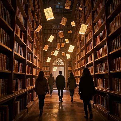 Cinematic Library with Floating Books