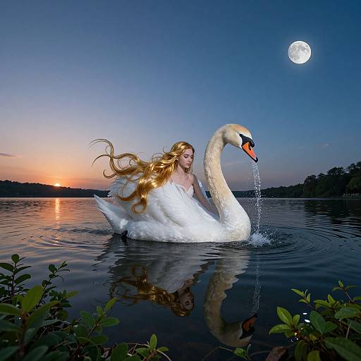 Photograph of a woman with long, flowing blonde hair, riding a swan in a tranquil lake at dusk, with a full moon and sunset in