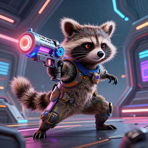 CGI image of a cute, anthropomorphic raccoon with robotic limbs, wielding a glowing neon gun in a futuristic, neon-lit sci-fi setting