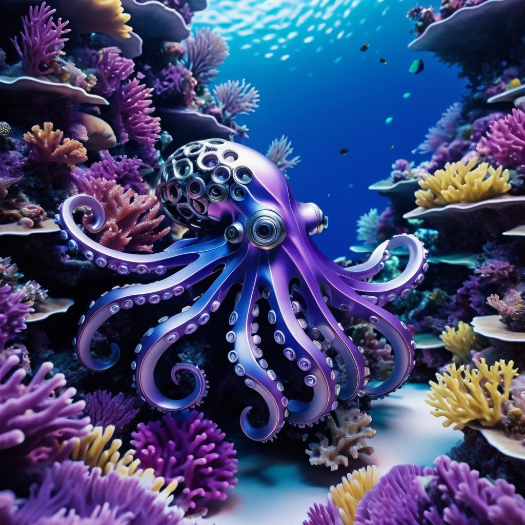 Intricate Robotic Octopus Underwater Scene