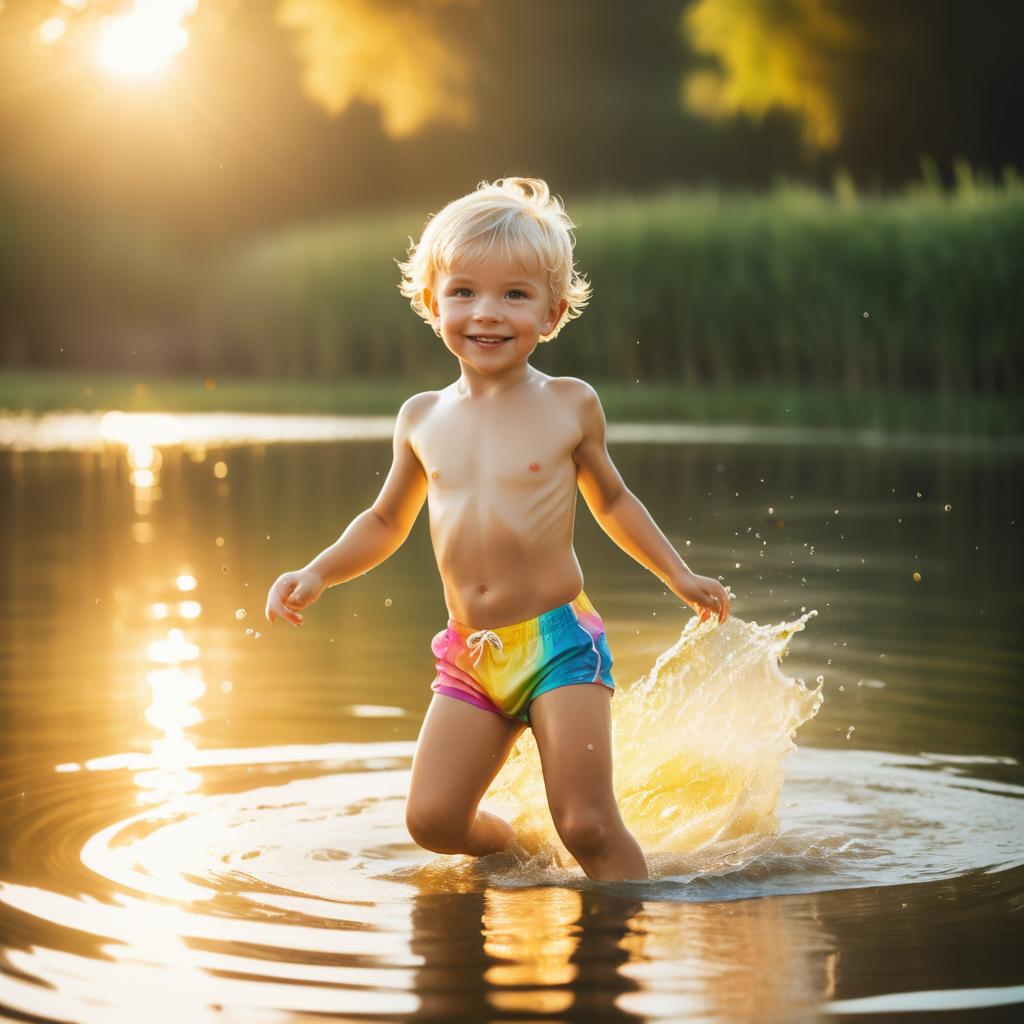 Charming Child Splashing in Lake at Sunset