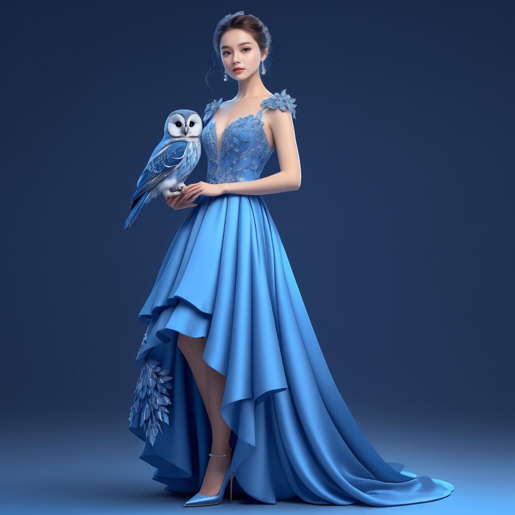 Elegant Woman with Pet Owl in Blue Gown