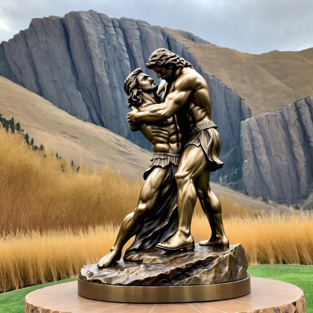 Bronze Giant Embracing a Realistic Man