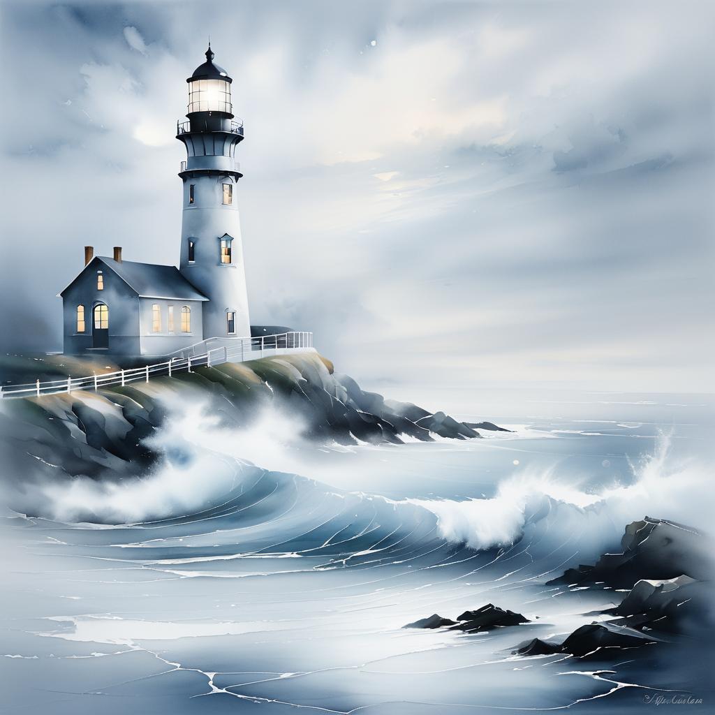 Serene Foggy Lighthouse Painting