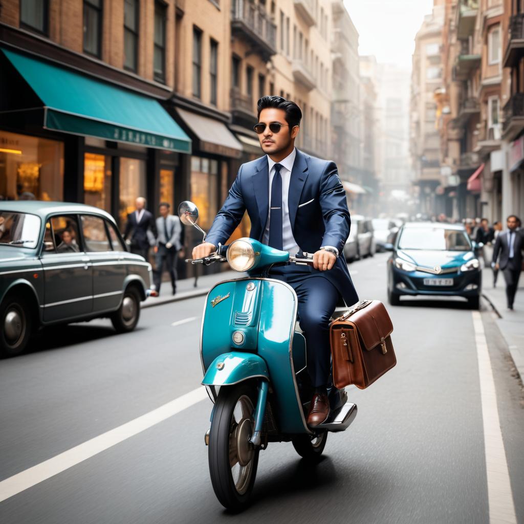 Business Rider on Classic Moped in Urban Scene