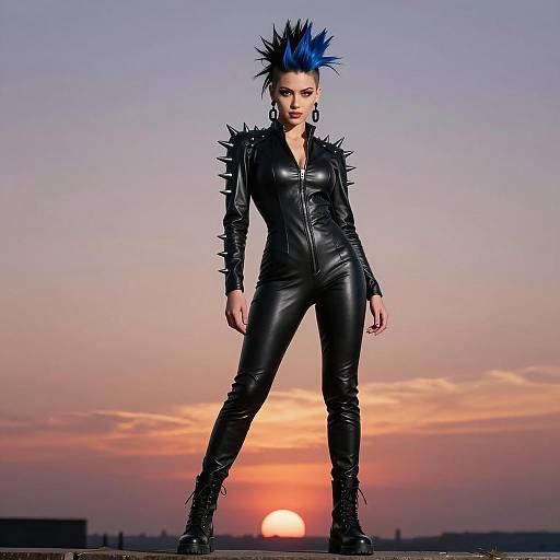 Fierce Woman in Spiked Leather Catsuit at Sunset