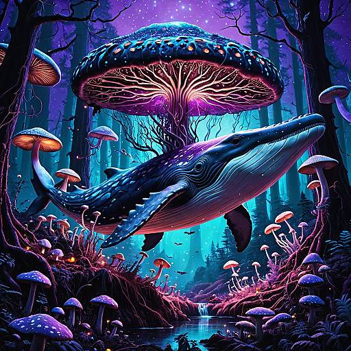 Surreal Whale Floating Through Glowing Mushroom Forest