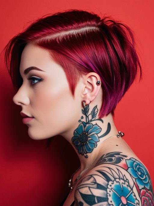 Profile of Woman with Red Hair and Floral Tattoos