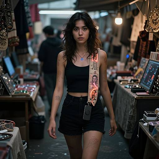 Photograph of a young woman with curly hair, black crop top, and high-waisted shorts, walking through a dimly lit, bustling market