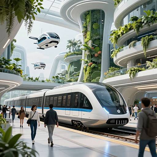 Photograph of a futuristic, green-laden train station with sleek, white, high-speed trains, floating cars, and busy, modern pedestrians.