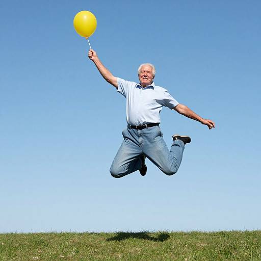 Photograph of an elderly man with white hair, wearing a white shirt and blue jeans, joyfully jumping while holding a yellow balloon against a clear blue
