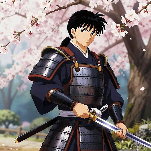 Mystical Samurai in Cherry Blossom Garden