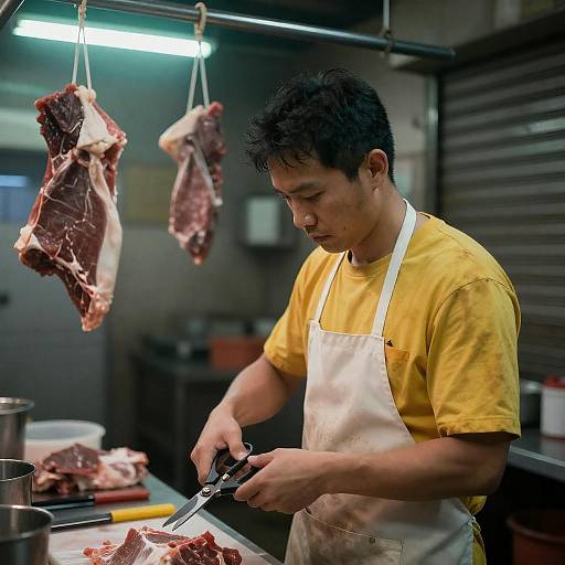 Focused Butcher in Neon-Lit Shop