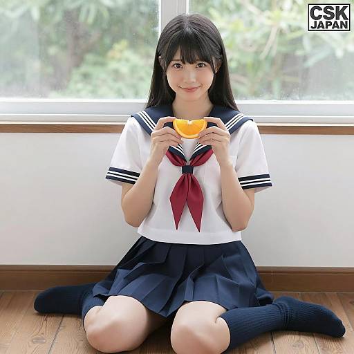 Japanese Girl in Sailor Uniform Holding Orange Slice