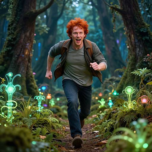 Photograph of a red-haired man with a surprised expression, running through a forest illuminated by glowing, colorful mushrooms. Wearing a grey shirt, dark