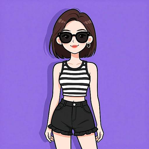 Digital anime-style drawing of a smiling woman with short brown hair, black sunglasses, striped black-and-white crop top, and black shorts, against a purple