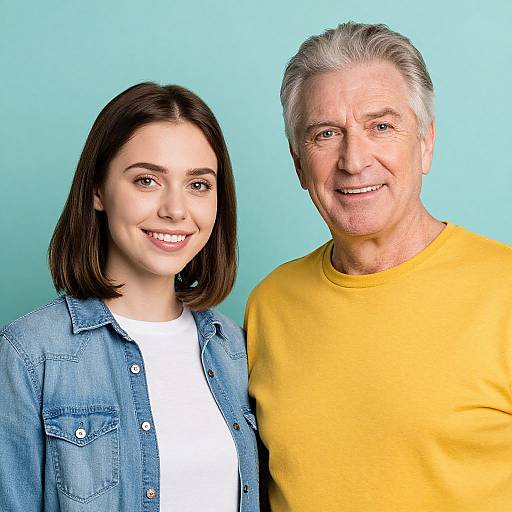 Photograph of a smiling young woman with brown shoulder-length hair in a denim jacket and white shirt, standing next to an older man with gray hair in