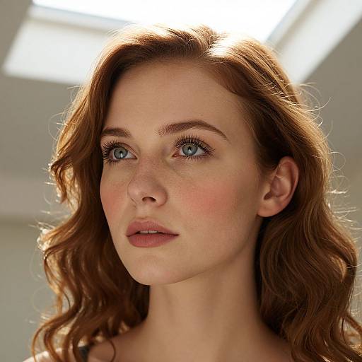 Photograph of a fair-skinned, red-haired woman with blue eyes, light pink lips, and freckles, looking upwards in soft, natural