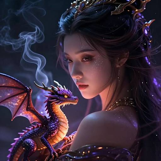Digital artwork of a beautiful, ethereal woman with glowing skin, dark hair, and a crown, holding a vibrant, purple and orange dragon that exh