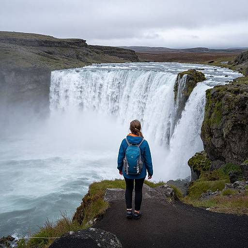 Photograph of a woman in a blue jacket and backpack standing on a path, gazing at a powerful waterfall cascading into a misty river,
