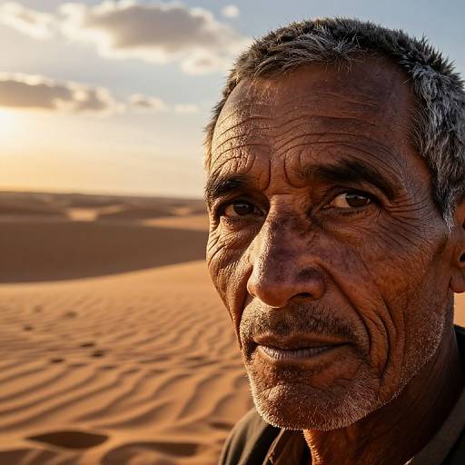Photograph of a weathered, middle-aged man with graying hair, deep wrinkles, and brown skin, standing in a sunlit desert with rip