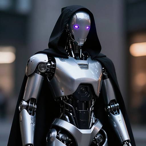 Photorealistic CGI of a metallic humanoid robot with glowing purple eyes, wearing a black hooded cloak, set against a blurred urban background.