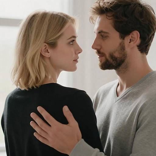 Photograph of a serious-looking blonde woman in a black top, facing a bearded man in a gray sweater, with his hand on her back,