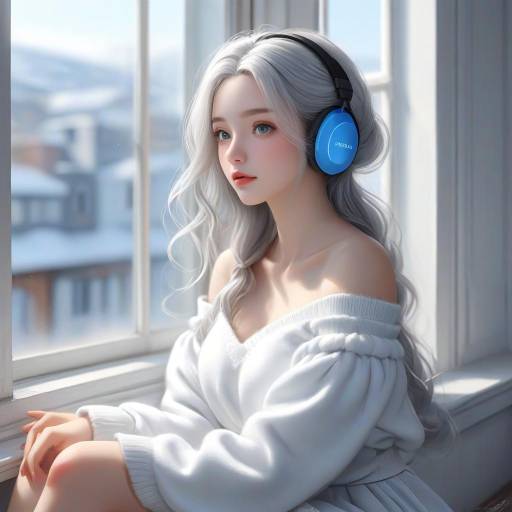 Young woman with silver hair wearing headphones indoors