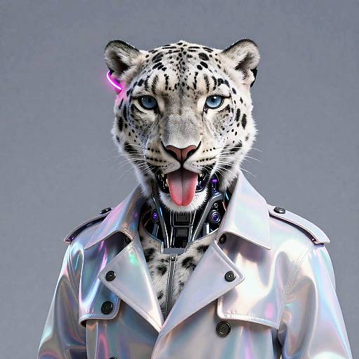 Cybernetic Snow Leopard in Iridescent Trench