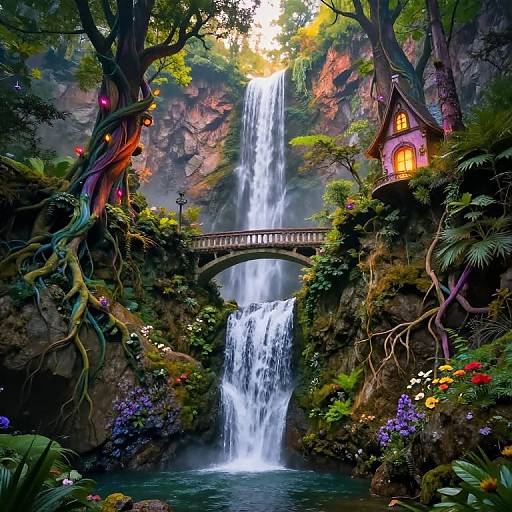 Whimsical digital painting of a cascading waterfall, lush forest, vibrant flowers, a fairy-tale cottage with glowing windows, and an arched