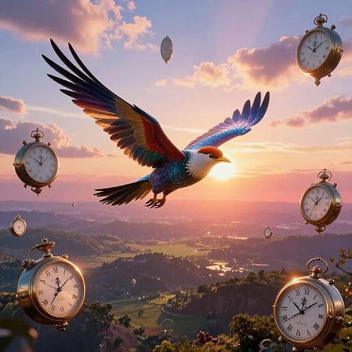 Photograph of a colorful, rainbow-feathered bird in mid-flight against a sunset sky, surrounded by floating antique pocket watches.