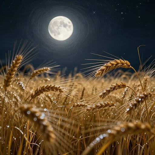 Photograph of a golden wheat field under a bright full moon, with sparkling dewdrops on the wheat stalks, against a dark, starry night
