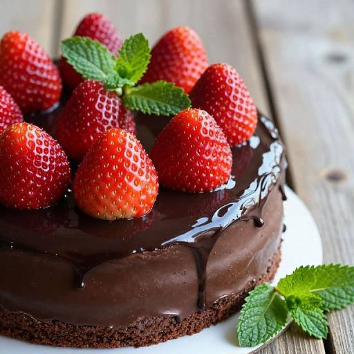Photograph of a rich, chocolate-covered cake topped with bright red strawberries and fresh mint leaves, on a wooden table.