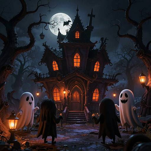 Spooky Cartoon Characters at Haunted House