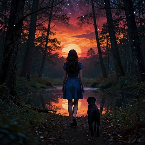 Photograph of a woman with long brown hair in a blue dress, standing beside a black dog, facing a vibrant, fiery sunset in a dark,