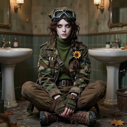 Digital artwork of a serious, pale-skinned woman with dark hair, wearing camouflage jacket, goggles, green turtleneck, brown pants, and boots