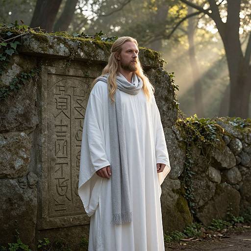 Serene Man in Mystical Forest Dawn