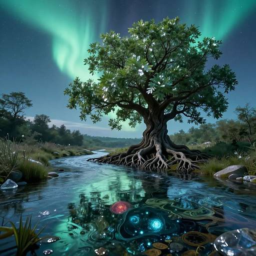 Digital artwork of a gnarled tree with glowing roots in a reflective, luminous stream under vibrant green Northern Lights.